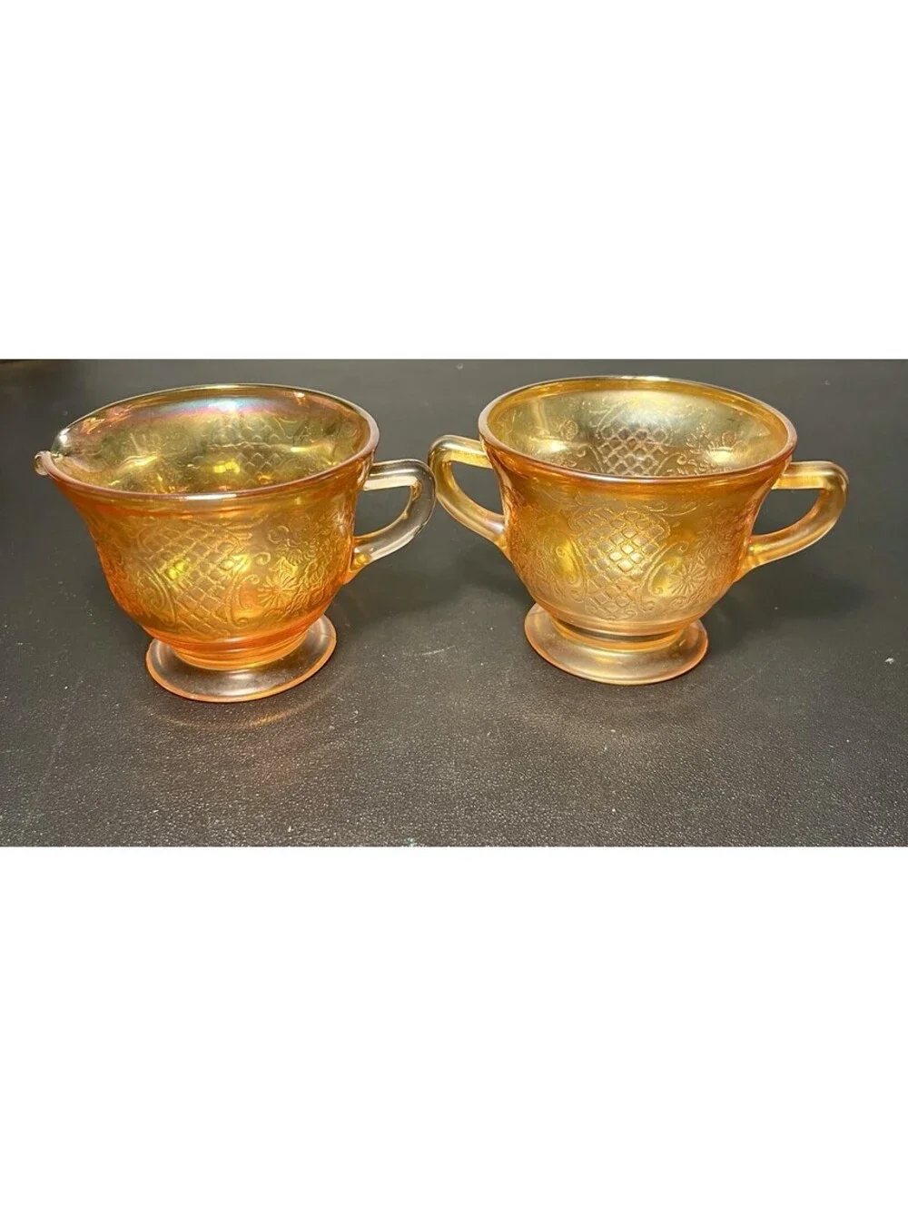 Federal 1930 Cream Sugar Sherbet Set Normandie Bouquet Lattice Marigold Carnival